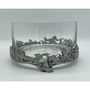 Birds & Pinecones Pewter Glass Large 9” Footed Bowl  Centerpiece Votive Nature